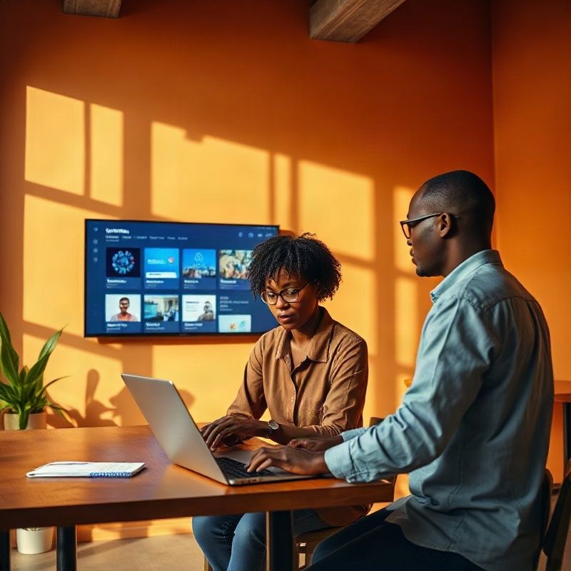 Two professionals collaborating in a modern coastal Kenya co-working space