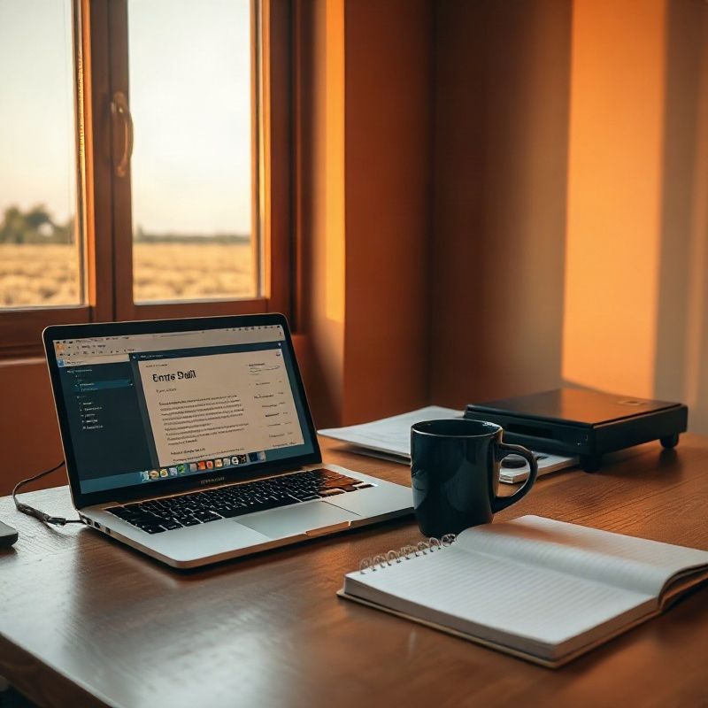 A tidy desk in a Mombasa office with laptop, notepad, and mug in soft afternoon light
