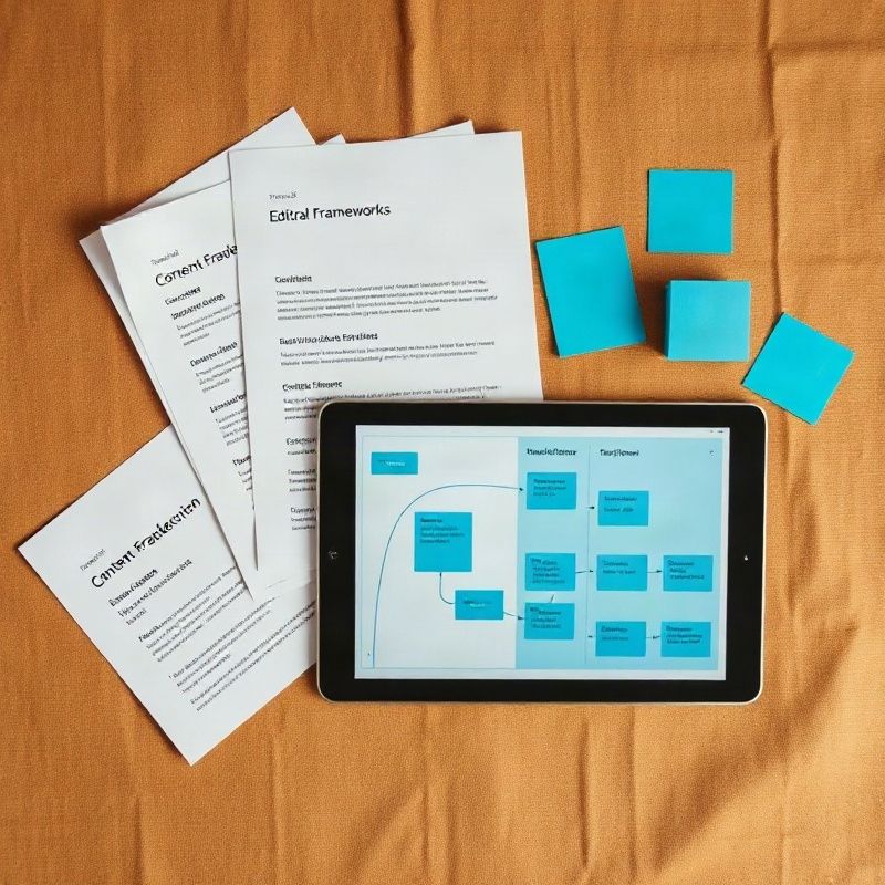 Overhead flat-lay of a content production planning session with sticky notes and a tablet